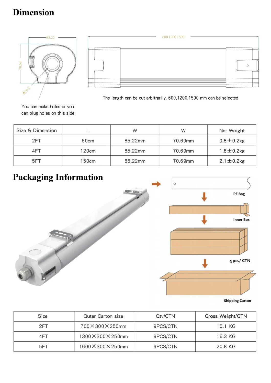 Agricultural Poultry Farm 4FT 40W Triproof Light LED Batten Fitting